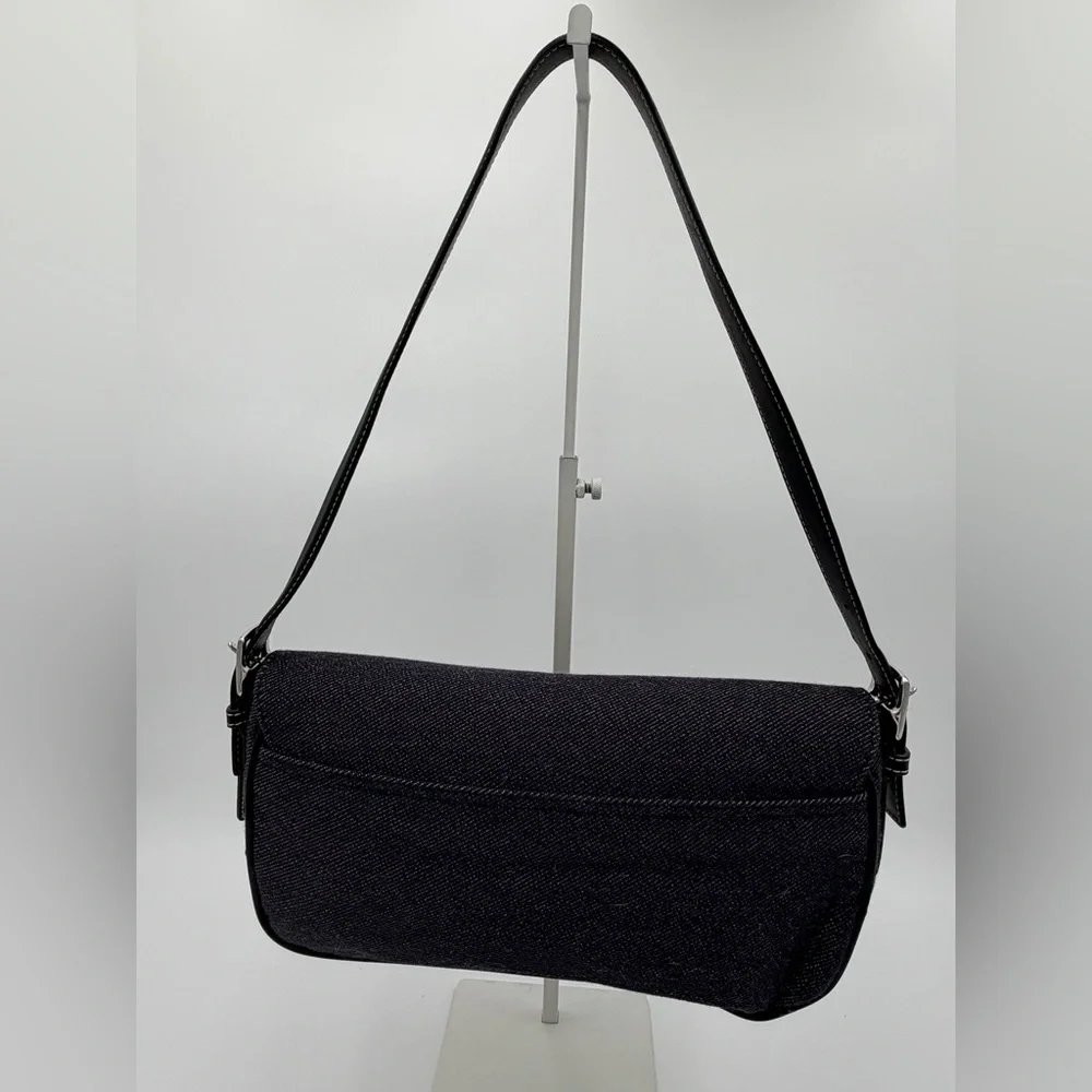Vintage Coach E0J-7763 Black Denim Wool Flap Shoulder Bag Y2K Baguette Buckle